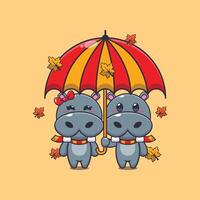 Cute couple hippo with umbrella at autumn season. vector
