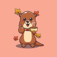 Cute otter with coffee in autumn season vector