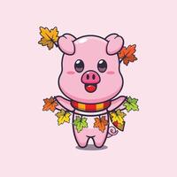 Cute pig with autumn leaf decoration. vector
