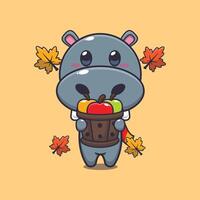 Cute hippo holding a apple in wood bucket. vector