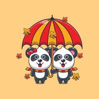 linda Pareja panda con paraguas a otoño estación. vector