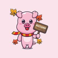 Cute pig with autumn sign board. vector