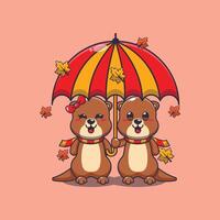 Cute couple otter with umbrella at autumn season. vector