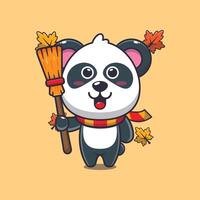 Cute autumn panda holding broom. vector