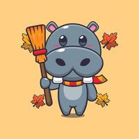 Cute autumn hippo holding broom. vector