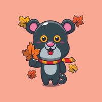 Cute panther holding autumn leaf. vector