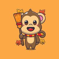 Cute autumn monkey holding broom. vector