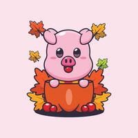 Cute pig in a pumpkin at autumn season. vector