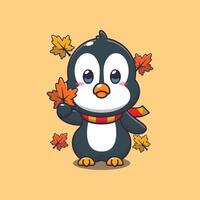 linda pingüino participación otoño hoja. vector