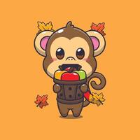 Cute monkey holding a apple in wood bucket. vector