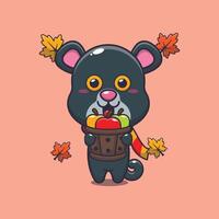 Cute panther holding a apple in wood bucket. vector