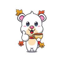 Cute polar bear with coffee in autumn season. vector