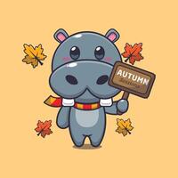 Cute hippo with autumn sign board. vector