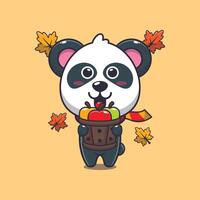 Cute panda holding a apple in wood bucket. vector