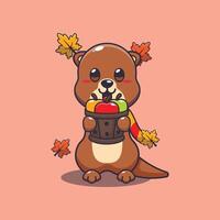 Cute otter holding a apple in wood bucket. vector
