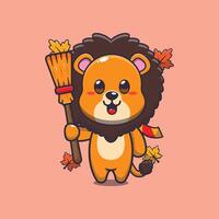 Cute autumn lion holding broom. vector