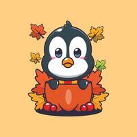 Cute penguin in a pumpkin at autumn season. vector