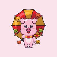 Cute pig with umbrella at autumn season. vector