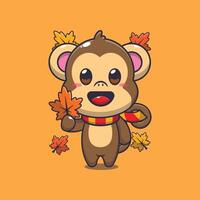 Cute monkey holding autumn leaf. vector