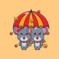 Cute couple mouse with umbrella at autumn season vector