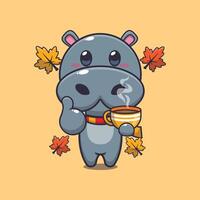 Cute hippo with coffee in autumn season. vector