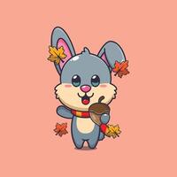linda Conejo con bellotas a otoño estación. mascota dibujos animados ilustración adecuado para póster, folleto, web, mascota, pegatina, logo y icono. vector