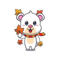 Cute polar bear holding autumn leaf. vector