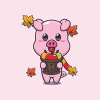 Cute pig holding a apple in wood bucket. vector