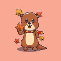Cute otter holding autumn leaf. vector