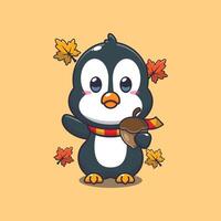 linda pingüino con bellotas a otoño temporada vector