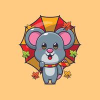 Cute mouse with umbrella at autumn season. vector