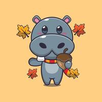 linda hipopótamo con bellotas a otoño estación. vector
