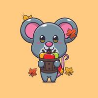 Cute mouse holding a apple in wood bucket. vector