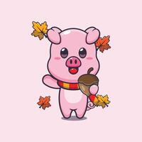 Cute pig with acorns at autumn season. vector