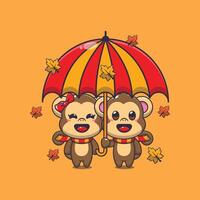 Cute couple monkey with umbrella at autumn season. vector