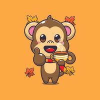 Cute monkey with coffee in autumn season. vector