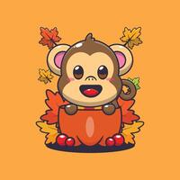 Cute monkey in a pumpkin at autumn season. vector