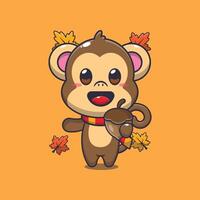 Cute monkey with acorns at autumn season. vector