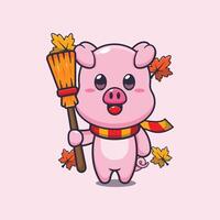 Cute autumn pig holding broom. vector