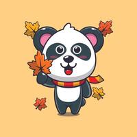 Cute panda holding autumn leaf. vector