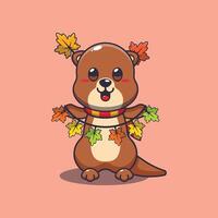 Cute otter with autumn leaf decoration. vector