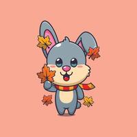 linda Conejo participación otoño hoja. mascota dibujos animados ilustración adecuado para póster, folleto, web, mascota, pegatina, logo y icono. vector