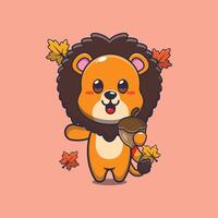 Cute lion with acorns at autumn season. vector