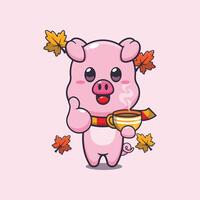 Cute pig with coffee in autumn season. vector