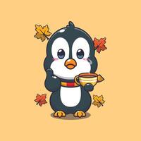 Cute penguin with coffee in autumn season. vector