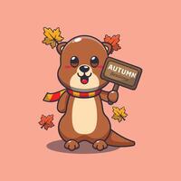 Cute otter with autumn sign board. vector