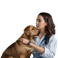 une vétérinaire et une Labrador chiot à une vétérinaire clinique. studio photo sans pour autant Contexte. ne pas réel, établi par ai. png