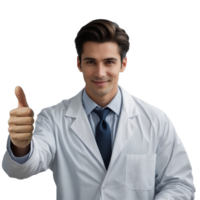 Young doctor shows a thumbs up, an OK gesture. Studio photo with no background. Not real, created by AI. png