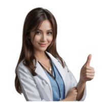 Doctor girl showing thumbs up, OK gesture. Studio photo with no background. Not real, created by AI png