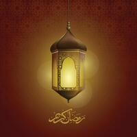 eid Mubarak y Ramadán kareem deseo presentando un islámico linterna y mezquita en un eid al-fitr antecedentes. vector